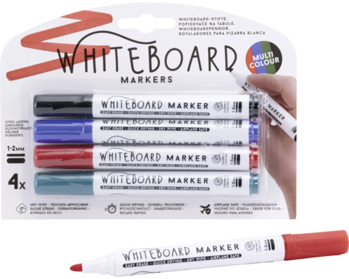 Emballage de quatre marqueurs pour tableau blanc de couleurs noir, bleu, rouge et turquoise