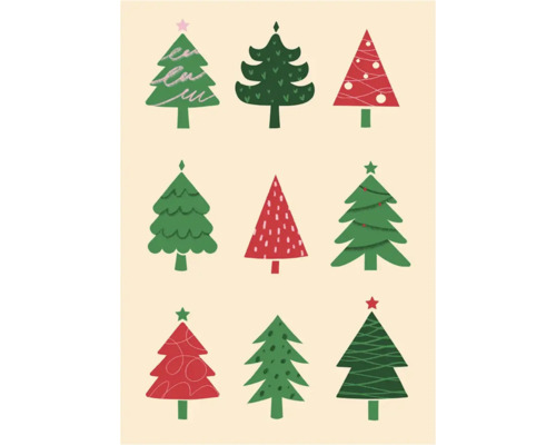 Illustration mit verschiedenen Weihnachtsbäumen.