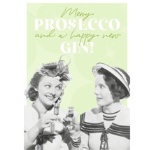 Grusskarte mit der Aufschrift Frohe Prosecco und ein gutes neues Gin!