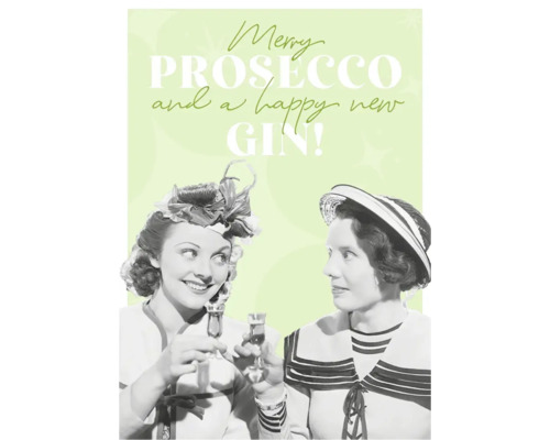 Weihnachtspostkarte Merry Prosecco 14,8x10,5 cm Grusskarte mit der Aufschrift Frohe Prosecco und ein gutes neues Gin!