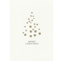 Weihnachtskarte mit Weihnachtsbaum aus Sternen und Kreisen und der Aufschrift ''Frohe Weihnachten''.