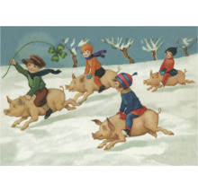 Illustration von Kindern, die auf Schweinen im Schnee reiten