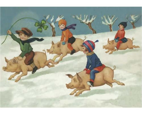 Illustration von Kindern, die auf Schweinen im Schnee reiten