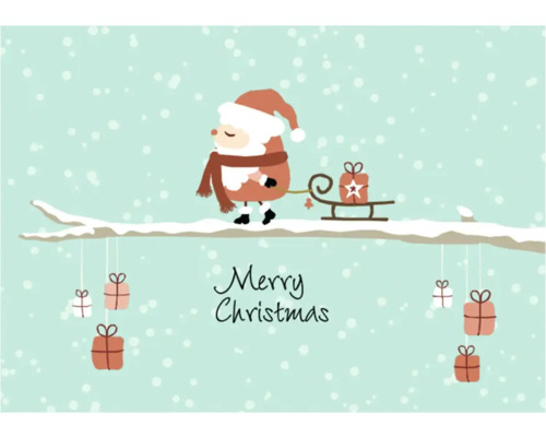 Weihnachtsgrußkarte mit Weihnachtsmann und Geschenken