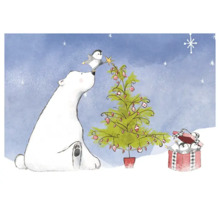 Illustration mit Eisbär, Pinguin und Weihnachtsbaum