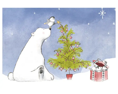 Weihnachtspostkarte polar bear 10,5x14,8 cm Illustration mit Eisbär, Pinguin und Weihnachtsbaum