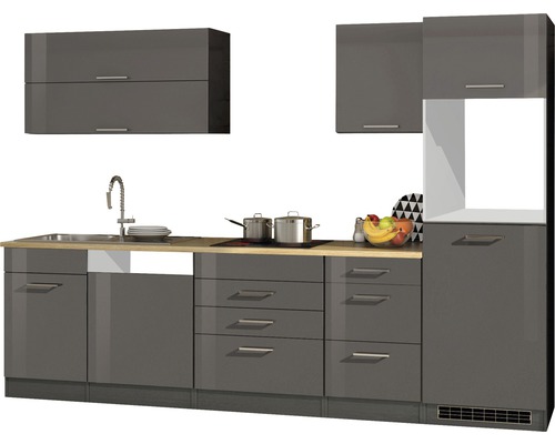 Held Möbel Küchenzeile Mailand 300 cm Frontfarbe grau Hochglanz Korpusfarbe graphit