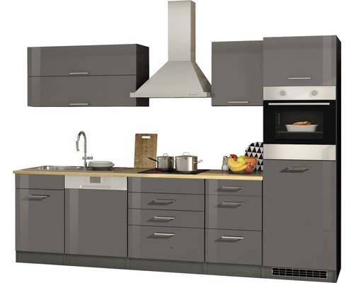 Cuisine grise complète avec évier, lave-vaisselle, cuisinière, hotte aspirante, éléments hauts et four