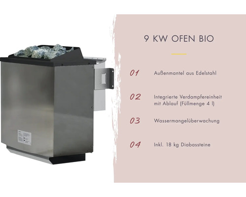 9 Kilowatt Saunaofen mit Edelstahlmantel und 18 Kilogramm Diabassteinen