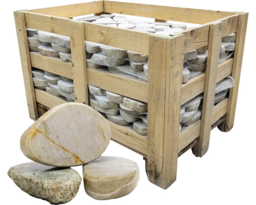 Big Bag Hüswiler pavé gros brut 1 t = 10.3 m² Caisse en bois remplie de pierres naturelles empilées pour le jardin