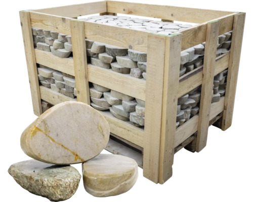 Big Bag Hüswiler pavé petit lisse 1 t = 9.1 m² Pavés en pierre naturelle dans une caisse en bois