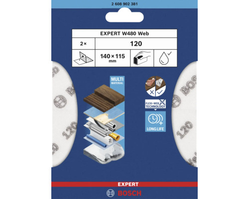 Bosch Feuille abrasive pour cale à poncer 140 x 115mm grain 120 non perforé 2 pièces