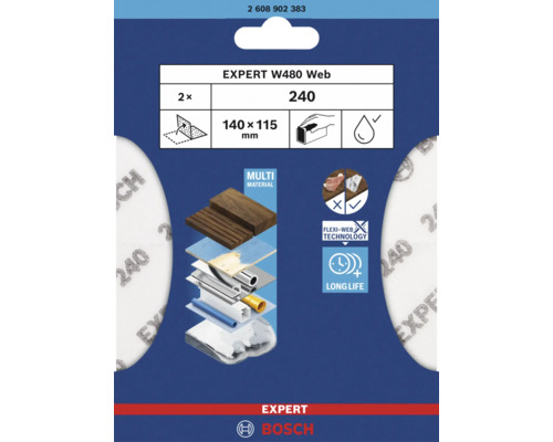 Bosch Feuille abrasive pour cale à poncer 140 x 115 mm grain 240 non perforé 2 pièces Bosch Feuille abrasive pour cale à poncer 140 x 115 mm grain 240 non perforé 2 pièces