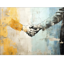Peinture d''une représentation d''une poignée de main devant un mur