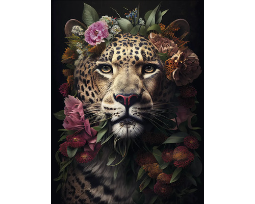 Leinwandbild Jaguar With Flowers 84x116 cm Porträt eines Leoparden mit Blumenschmuck