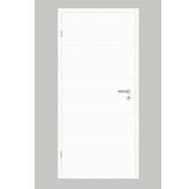 Porte intérieure blanche avec rainures décoratives horizontales et poignée de porte