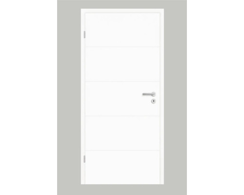 Porte intérieure Pertura Perla 05 Design blanc laque (semblable à RAL 9003) 86 x 198,5 cm à gauche Porte intérieure blanche avec rainures décoratives horizontales et poignée de porte