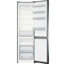 Geöffneter Kühlschrank mit Regalen und Schubladen
