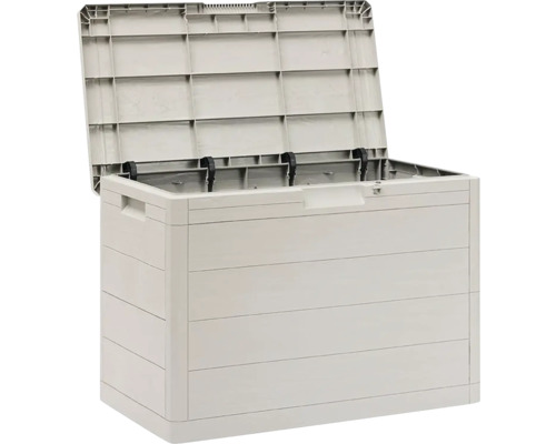 Geöffnete graue Gartenbox zur Aufbewahrung