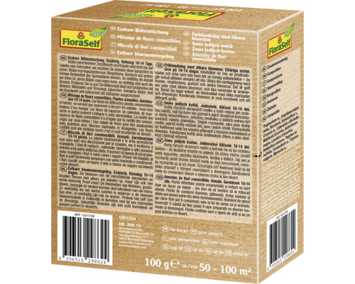 FloraSelf mélange de fleurs comestibles emballage avec des informations sur la composition et l''utilisation