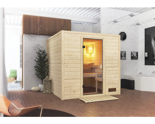 Sauna en bois massif Karibu Jara sans poêle ni couronne avec porte entièrement vitrée couleur bronze