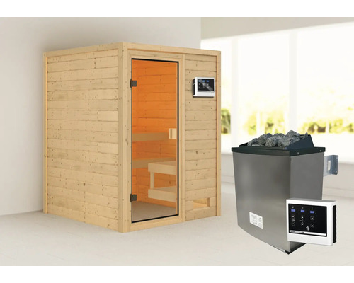 Sauna en madriers Karibu Sandra avec poêle 9 kW et commande ext. sans couronne avec porte entièrement vitrée couleur bronze