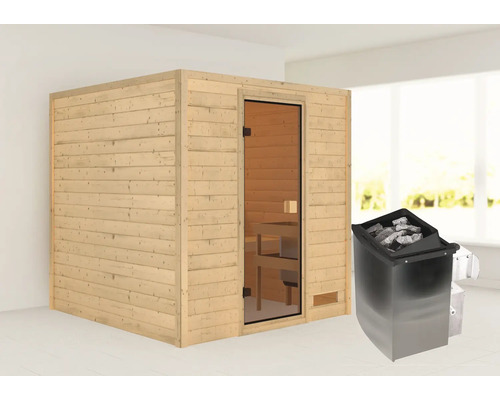 Sauna en bois massif Karibu Jara avec poêle 9 kW et commande intégrée sans couronne avec porte entièrement vitrée couleur bronze