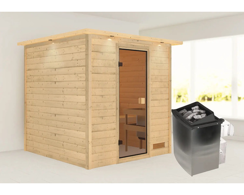 Sauna en madriers Karibu Jara avec poêle 9 kW et commande intégrée, avec couronne et porte entièrement vitrée couleur bronze