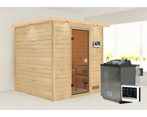 Sauna en madriers Karibu Jara avec poêle bio 9 kW et commande ext. avec couronne et porte entièrement vitrée couleur bronze