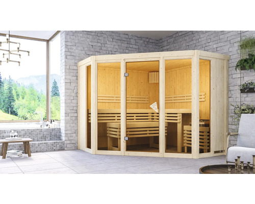 Sauna modulaire Karibu Armira 2 avec poêle 9 kW et commande intégrée, sans couronne, avec baie vitrée