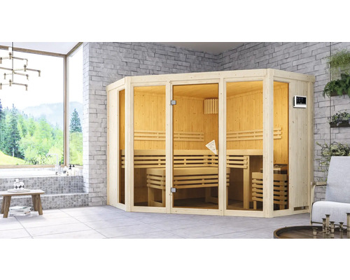 Sauna modulaire Karibu Armira 2 avec poêle 9 kW et commande externe, sans couronne, avec baie vitrée