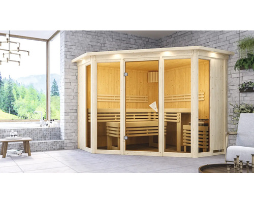 Elementsauna Karibu Armira 2 ohne Ofen mit Dachkranz und Ganzglasfensterfront Moderne Sauna mit Glasfront und Holzbänken in hellem Raum