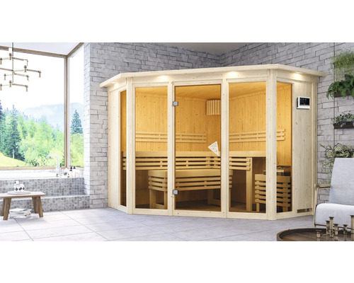 Sauna modulaire Karibu Armira 2 avec poêle 9 kW et commande externe, avec couronne et baie vitrée