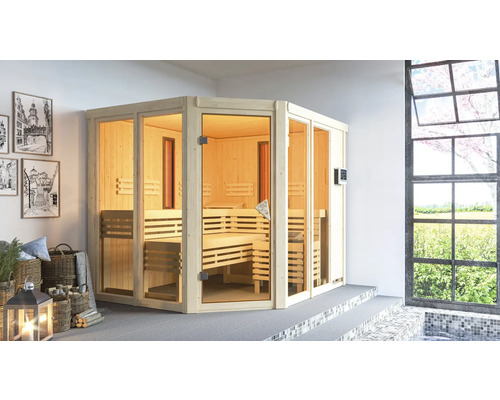 Sauna modulaire Karibu Avara avec poêle bio 9 kW et commande externe, sans couronne, avec portes entièrement vitrées couleur bronze