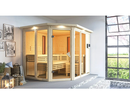 Sauna modulaire Karibu Avara avec poêle 9 kW et commande externe, avec couronne et portes entièrement vitrées couleur bronze