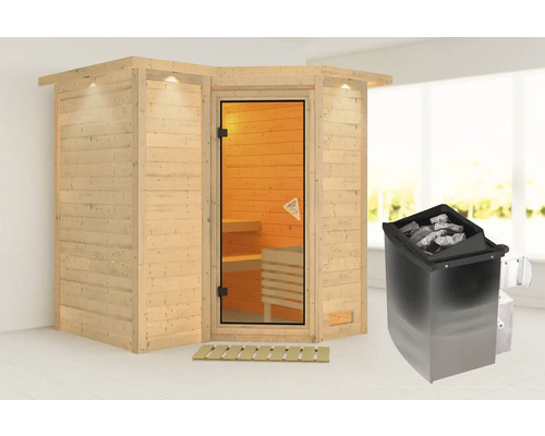 Sauna modulaire Karibu Melanit 1 avec poêle 9 kW et commande int. avec couronne de toit et porte tout en verre bronzé