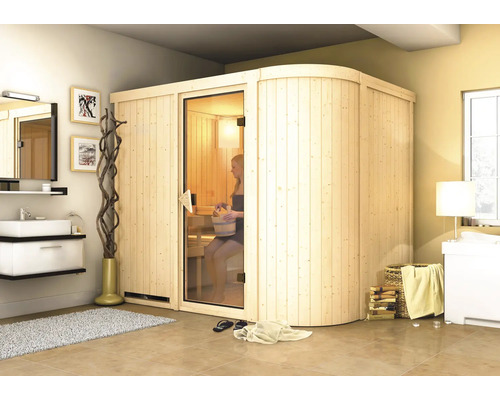 Sauna modulaire Karibu Korall IV avec poêle 9 kW et commande intégrée, sans couronne, avec portes entièrement vitrées couleur bronze