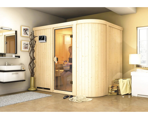 Sauna modulaire Karibu Korall IV avec poêle 9 kW et commande externe, sans couronne, avec portes entièrement vitrées couleur bronze