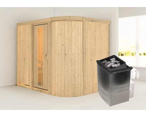 Sauna modulaire Karibu Korall IV avec poêle 9 kW et commande intégrée, sans couronne, avec portes en bois avec verre à isolation thermique