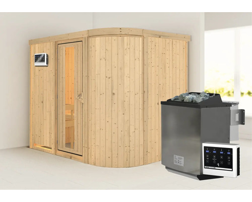 Elementsauna Karibu Korall IV inkl.9 kW Bio Ofen u.ext.Steuerung ohne Dachkranz mit Holztüre und Isolierglas wärmegedämmt