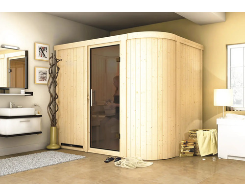 Sauna modulaire Karibu Korall IV avec poêle 9 kW et commande intégrée, sans couronne, avec portes entièrement vitrées couleur graphite