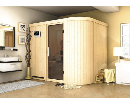 Sauna modulaire Karibu Korall IV avec poêle 9 kW et commande externe, sans couronne, avec portes entièrement vitrées couleur graphite