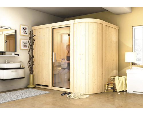 Sauna modulaire Karibu Korall IV avec poêle 9 kW et commande intégrée, sans couronne, avec portes entièrement vitrées en verre transparent