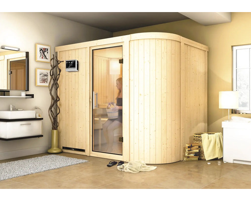 Sauna modulaire Karibu Korall IV avec poêle 9 kW et commande externe, sans couronne, avec portes entièrement vitrées en verre transparent