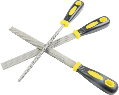 Drei Raspeln mit Kunststoffgriff gekreuzt dargestellt