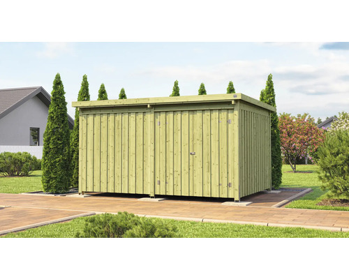 Abri de jardin en bois avec portes coulissantes dans le jardin