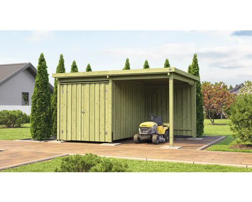 Abri de jardin avec porte coulissante et tracteur de pelouse