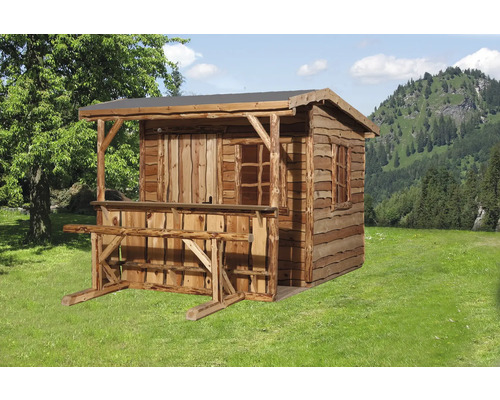 Gartenhaus weka Man Cave Rustikal mit individuellem Schriftzug, Fussboden, überdachte Theke mit Sitzgelegenheit 340 x 350 cm natur