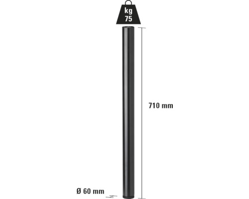 Poteau métallique mesurant 710 mm de long et 60 mm de diamètre, symbole de poids 75 kg