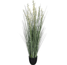 Künstliche Pflanze mit Blüten in schwarzem Topf